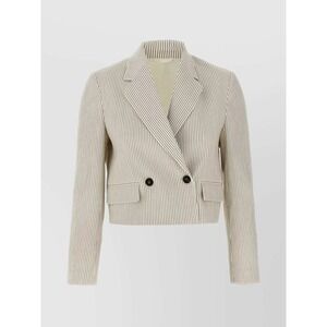 Brunello Cucinelli Womens‎ Pinstripe Linen Cotton Cropped Blazer Monili Trim 44